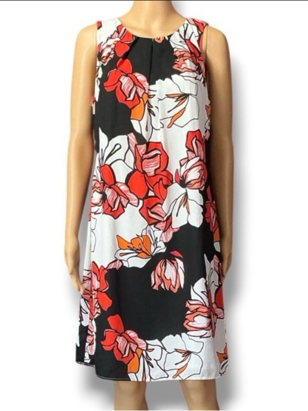 Worthington Black Shift Dress with Red, White & Orange Floral Print